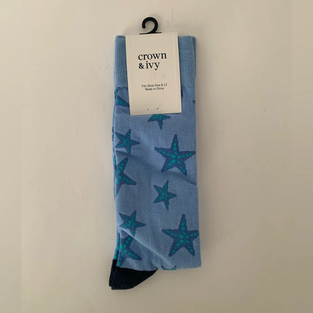 NWT Crown & Ivy Starfish Socks Men Fits Shoe Size 8-12 Light Blue Pattern Pastel
